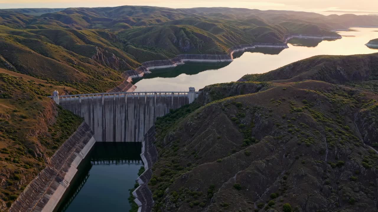 Aerial view of a dam surrounded by lush hills and water, captured at sunset