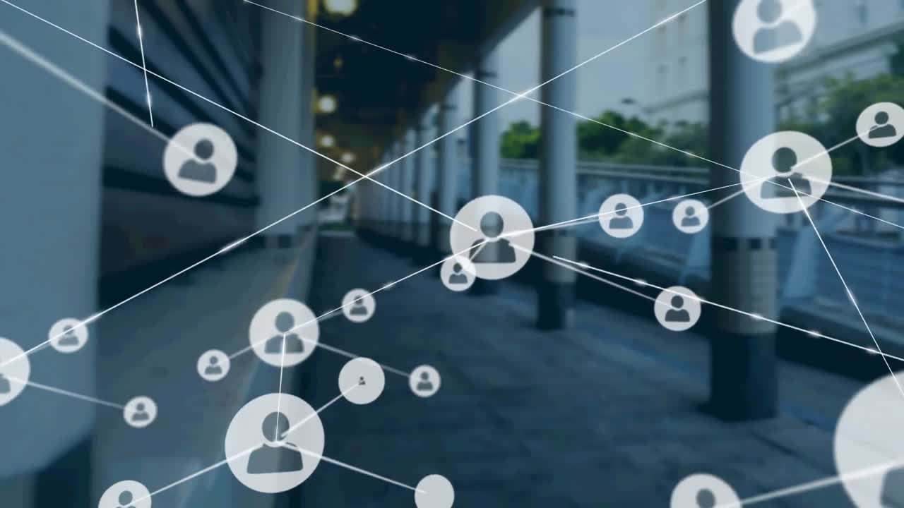 현대적인 건물 위의 아이콘과 연결 네트워크의 애니메이션