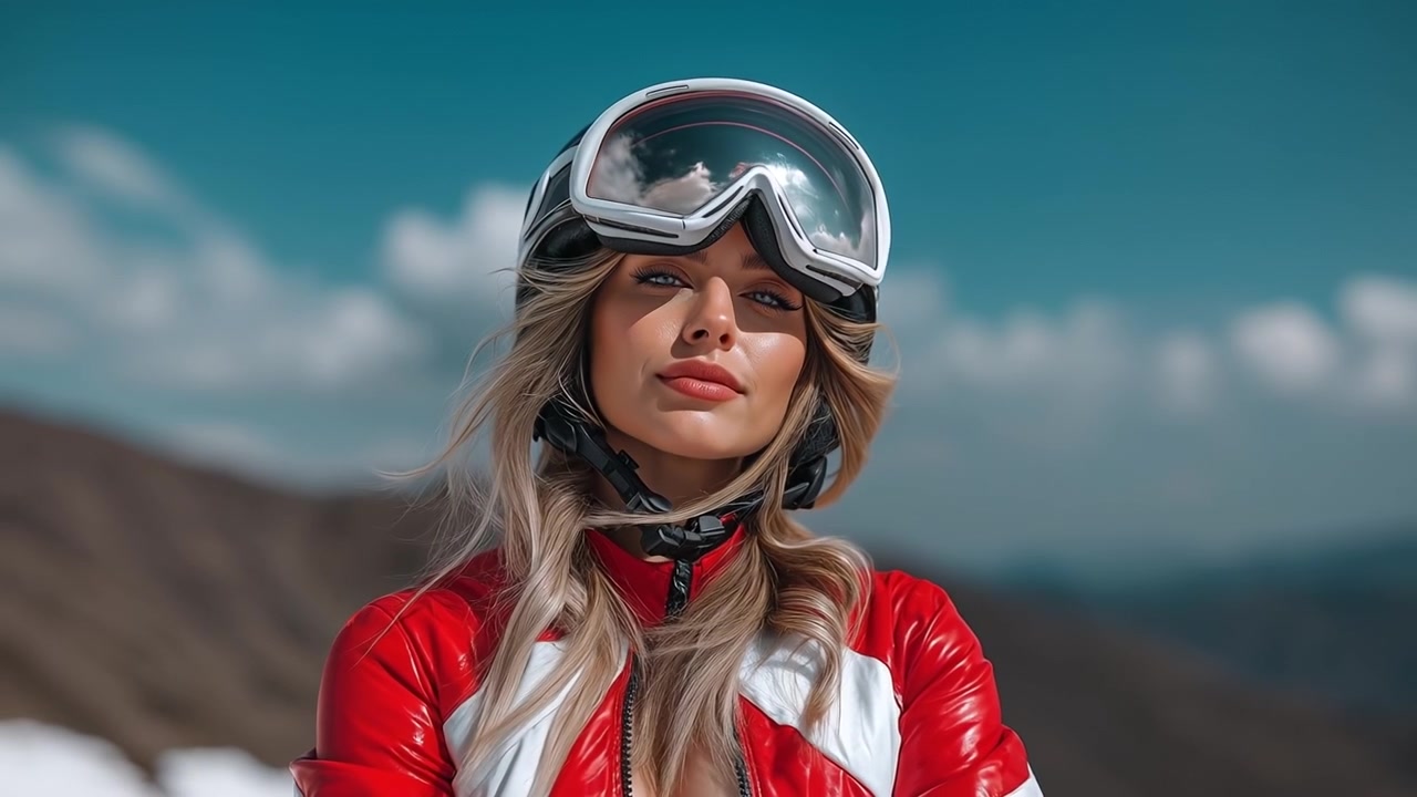 Blonde young woman in red ski jacket and helmet enjoying the sunshine outdoors.
