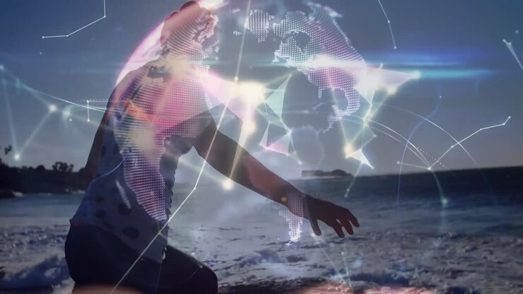 Animation of globe and connections over biracial woman practicing yoga at sea