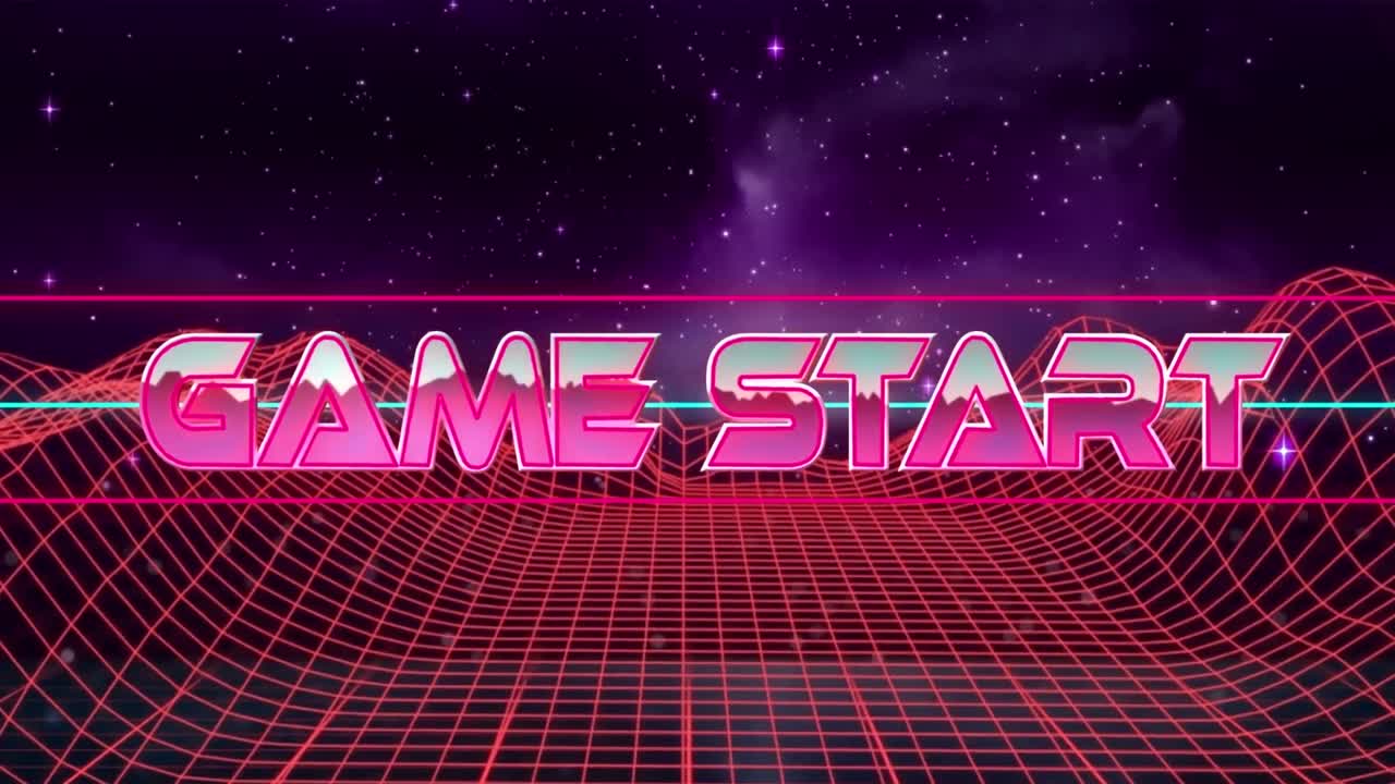 검은 바탕에 디지털 산과 별 위에 게임 시작 텍스트의 애니메이션