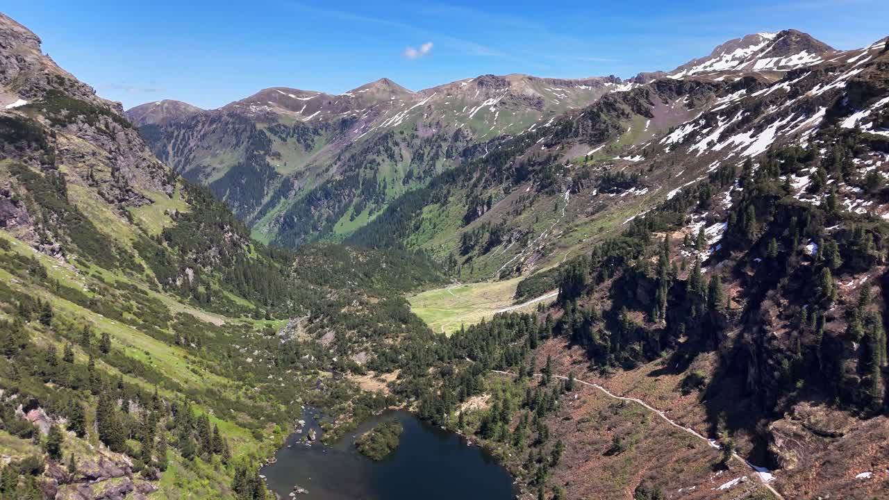 Murgsee valley showing a serene alpine lake surrounded by towering mountains, dense forests, and a clear blue sky, capturing the unspoiled essence of nature. Switzerland, drone establishing shot