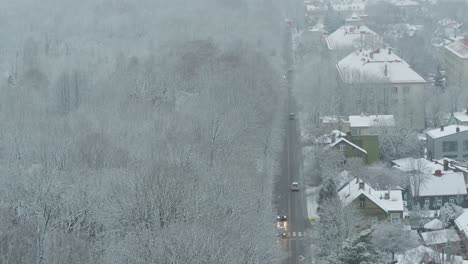 Vista-Aérea-De-La-Intersección-De-La-Naturaleza-Y-La-Ciudad-En-Un-Día-De-Invierno