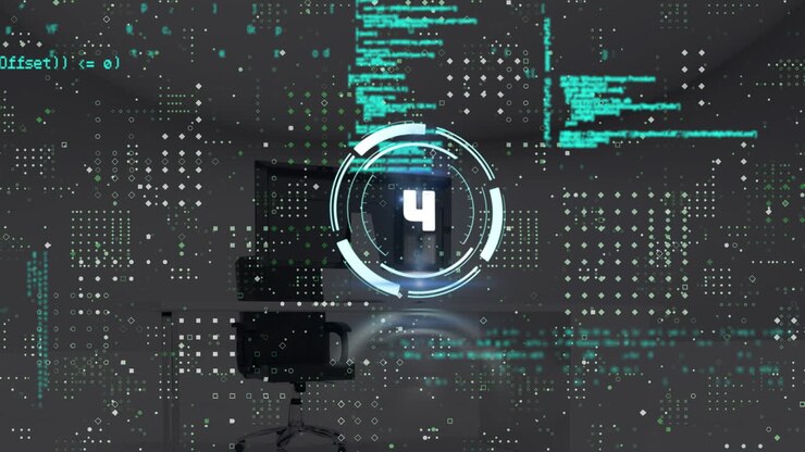 Animation of data processing and countdown over office