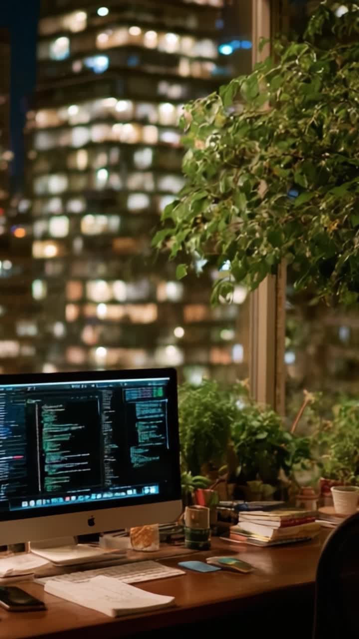 A Cozy Nighttime Workspace View: Exploring an Organized Desk with a Computer Screen Displaying Code, Surrounded by Lush Indoor Plants and City Lights