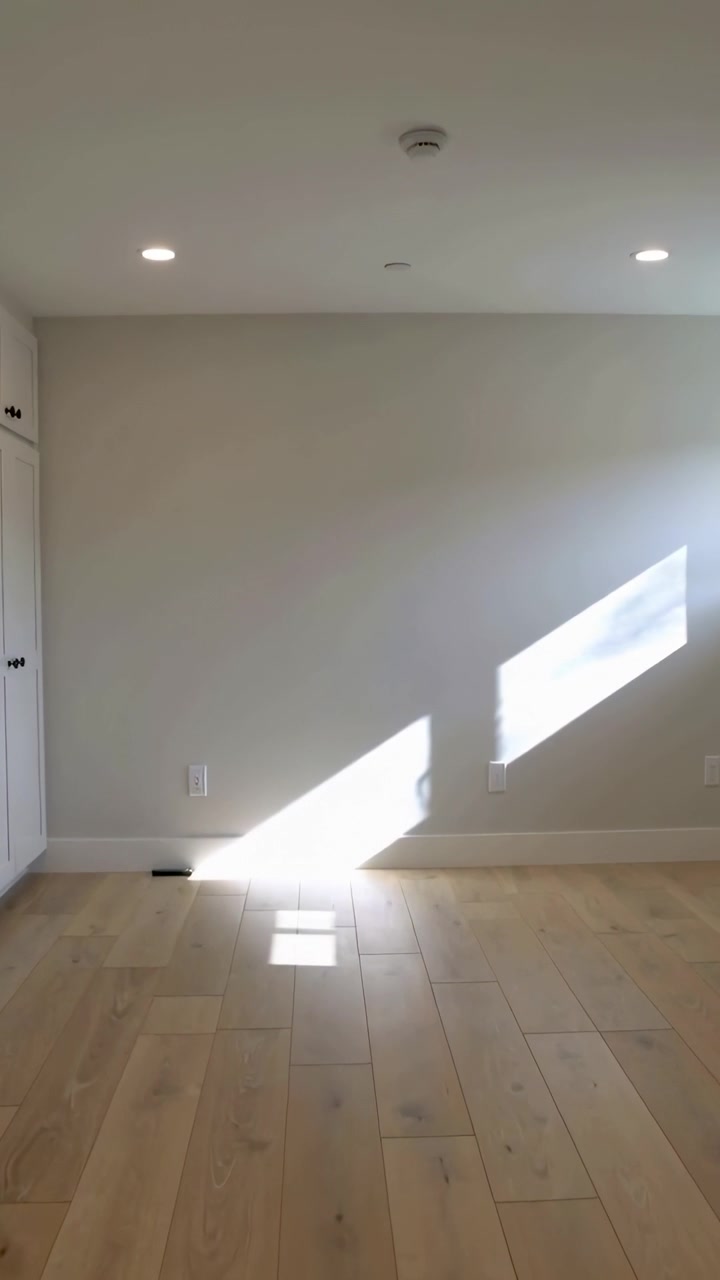 Video verticale: Riprese di un raggio di sole che entra dalla finestra e si sposta su una parete vuota a casa, con arredi fissi.