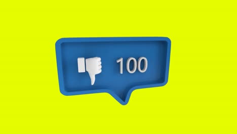 Animation-of-blue-speech-bubble-with-thumbs-down-icon-and-numbers-growing-on-yellow