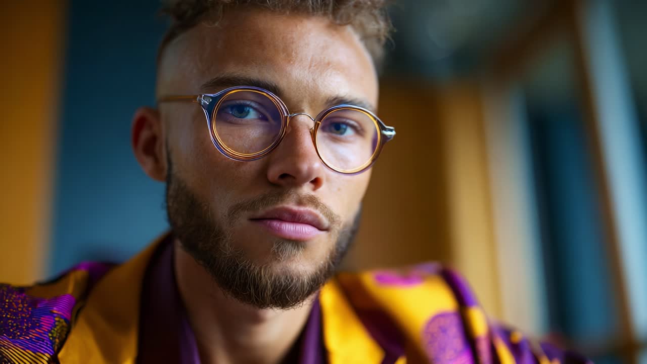 Captivating Portrait of a Young Man with Glasses in Colorful Attire, Showcasing Unique Fashion and Intense Expression in a Stylish Environment