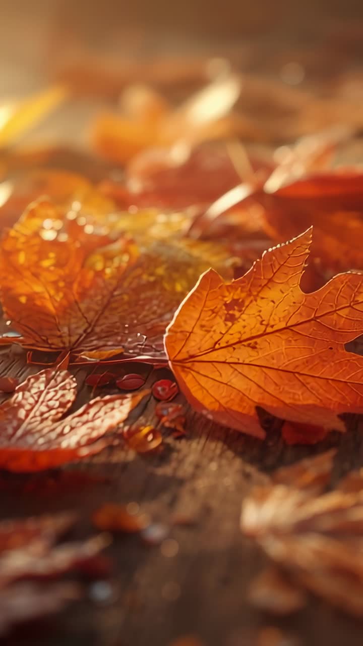 Vertical video: Shifting lens focus revealing dewy orange-amber maple leaves on plank, red berries