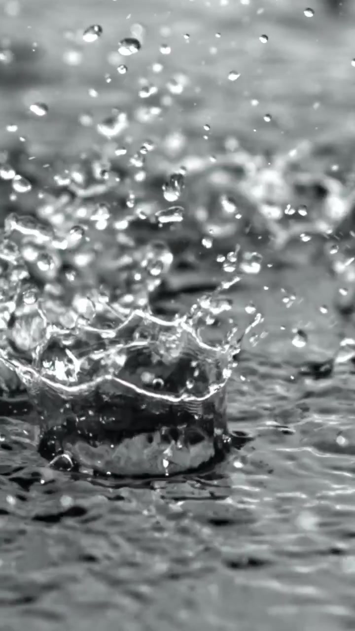 Wassertropfen fallen und spritzen in Zeitlupe auf eine Oberfläche