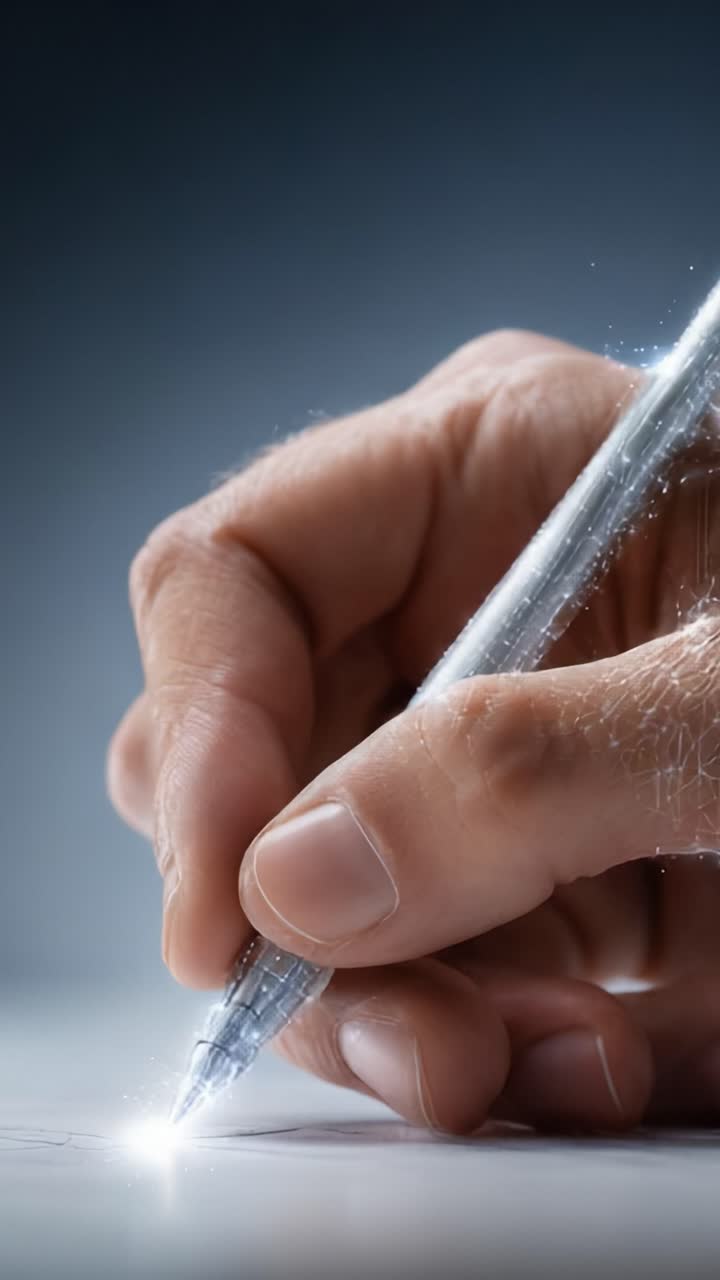 A Close-Up of a Hand Gripping a Silver Pen, Engaged in the Art of Writing, as Ethereal Light Trails Emanate from the Movement Across a Smooth Surface