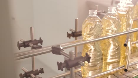 sunflower oil in the bottle moving on production line. bottling line of sunflower oil in bottles. vegetable oil production plant. high technology. industrial background