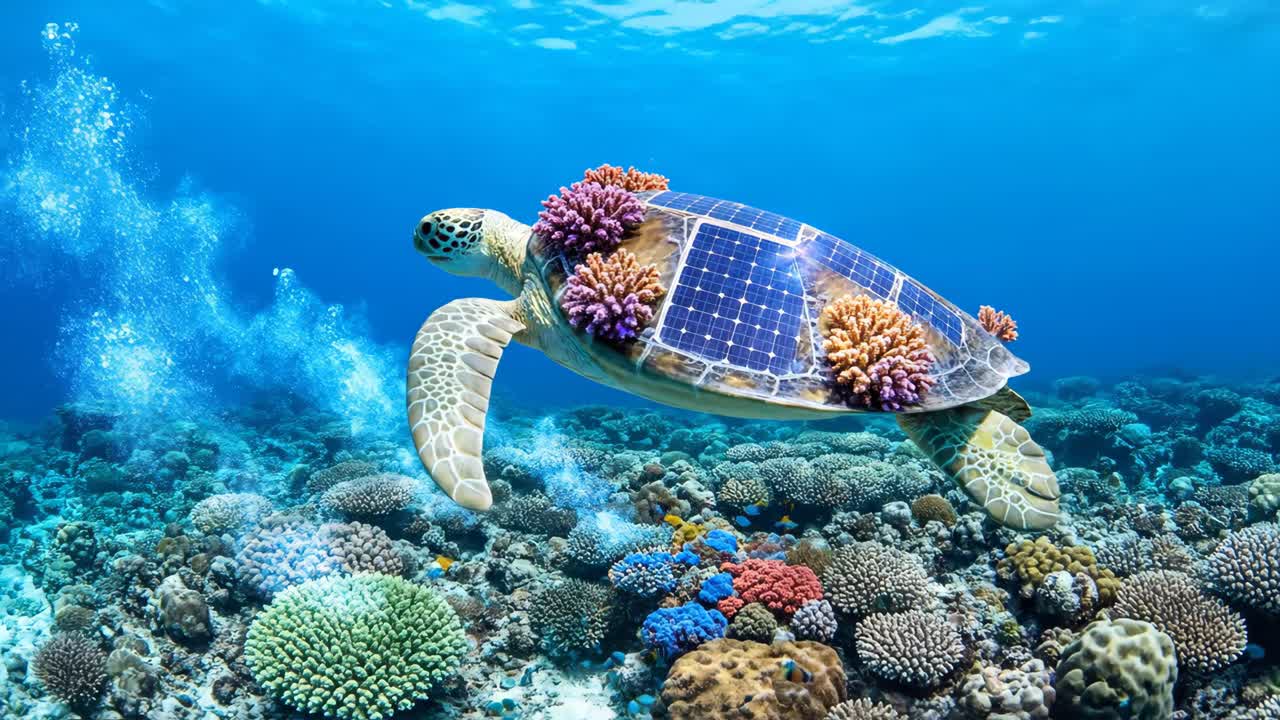 Sea Turtle with Solar Panels in Coral Reef