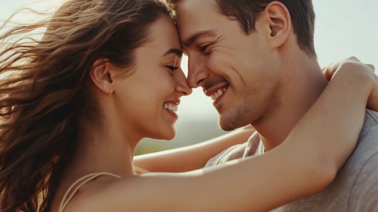 Smiling couple leaning closer after smiles in sunny park, wearing strap top, crew tee, hoop earring