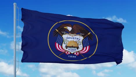 utah flag on a flagpole waving in the wind, blue sky background. 4k