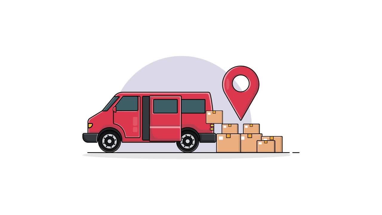 Animated Red Delivery Van Unloading Packages with Location Pin