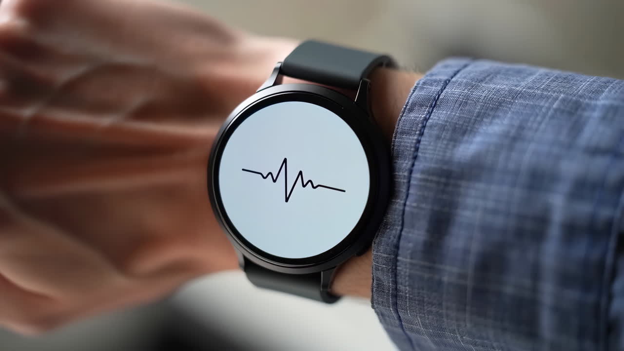 Primo piano di uno smartwatch che mostra la frequenza cardiaca o una forma d'onda della salute