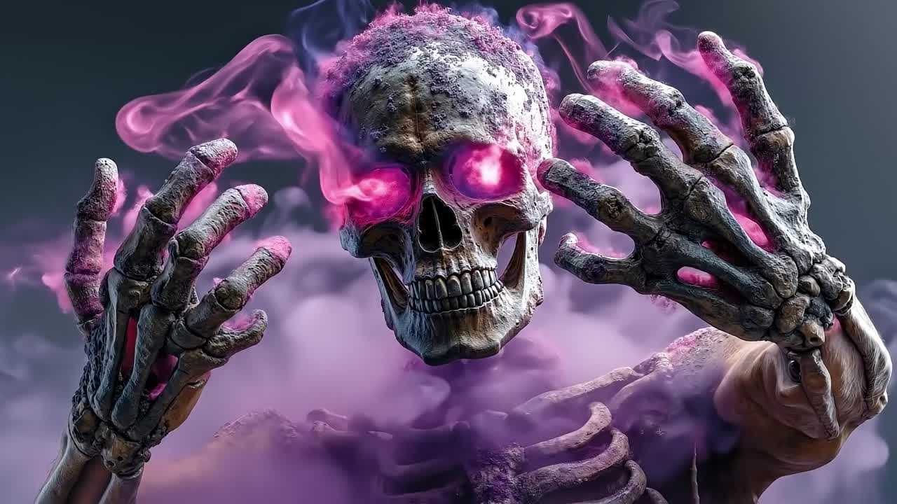 A skull with pink eyes and hands in the air