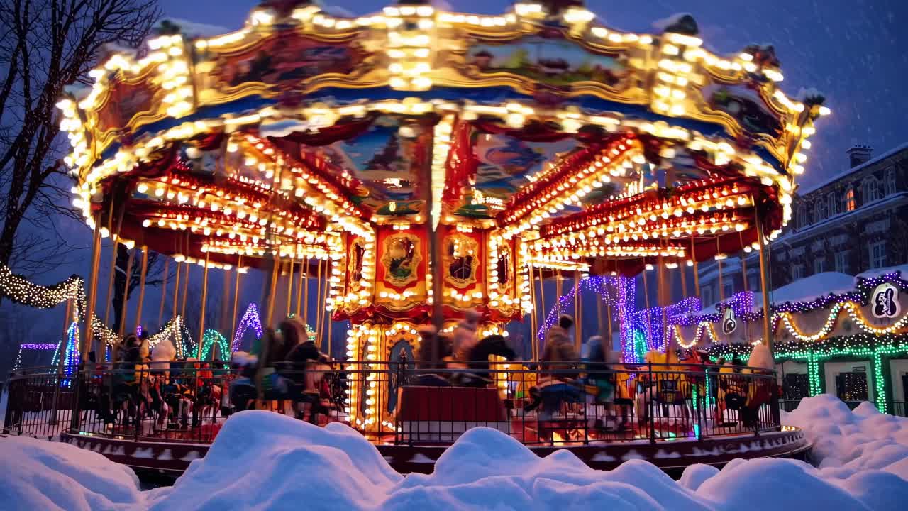 Vibrant winter carousel scene captured at eye level, showcasing colorful lights and motion blur