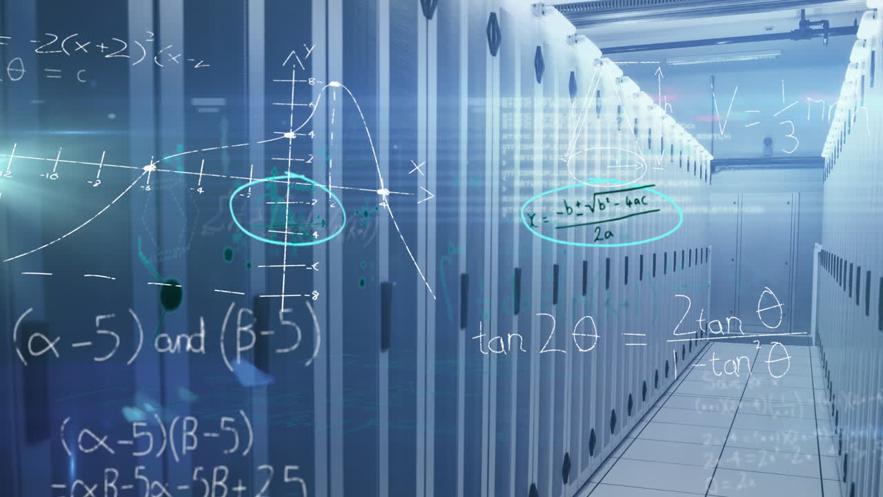 Mathematical equations against empty server room
