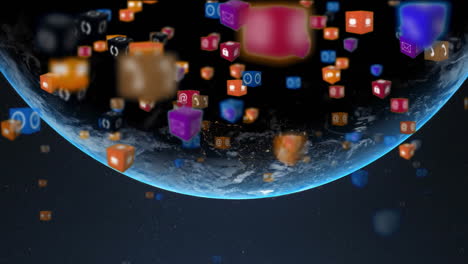 animar iconos de aplicaciones coloridas sobre la tierra desde el espacio, concepto de tecnología digital