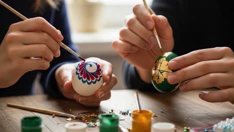 creative hands at work: a joyful moment of painting decorative eggs together, showcasing intricate designs and vibrant colors in artistic crafting