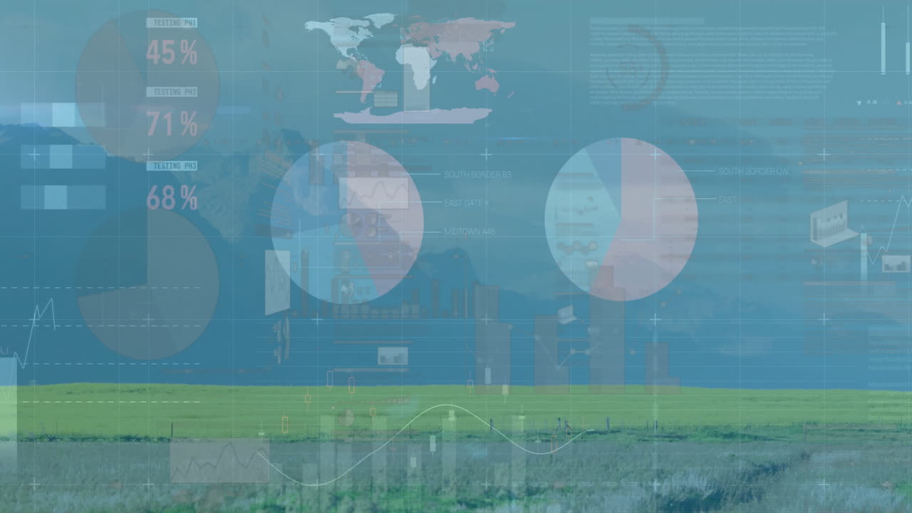 Data analytics and graphs animation over landscape with green fields