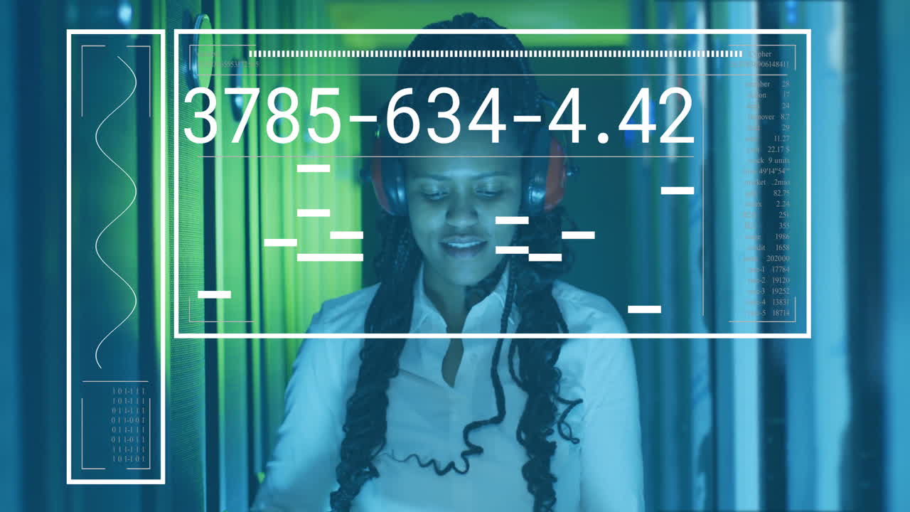 Woman wearing headphones in server room with data processing animation overlay
