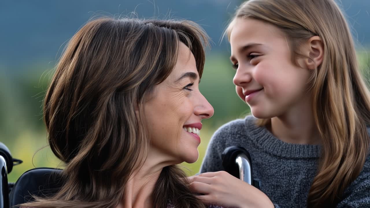 Warm sunlight kisses a mother's face. Her daughter kisses her cheek softly. Both smile, eyes closed. They share quiet joy. Ideal for family, care, or emotional moments. No animals, no plants