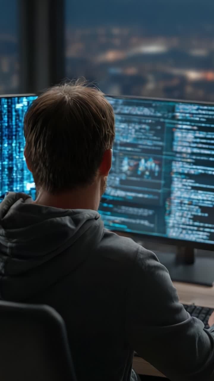 A focused individual immersed in coding and data analysis, working late into the night with dual monitors displaying complex programming and data visualizations