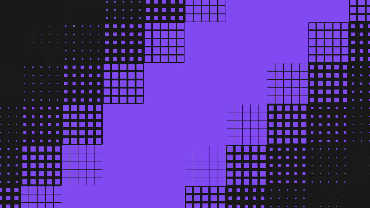 Fondo de cuadrícula abstracto púrpura y negro que presenta cuadrados geométricos formando un borde escalonado y espacio central para texto, ideal para tecnología, presentaciones digitales, gráficos en movimiento y branding moderno.