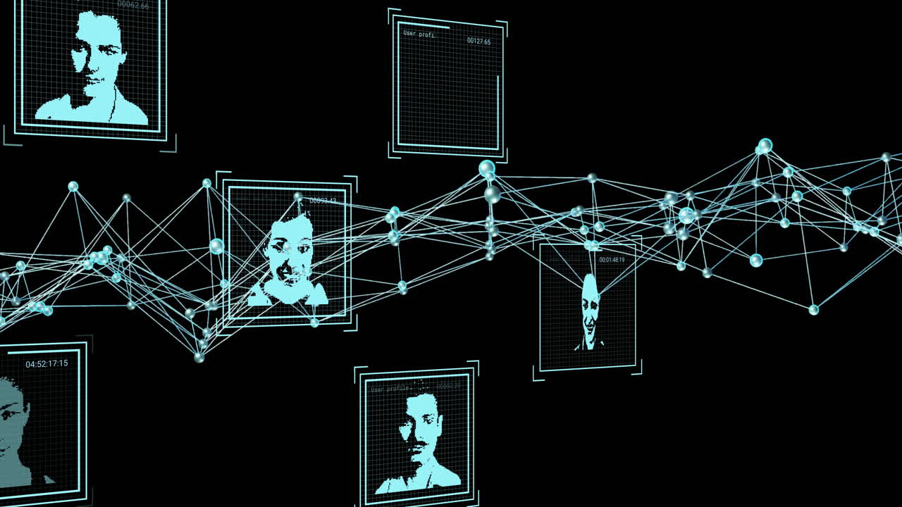animación de fotos biométricas digitales, procesamiento de datos y cadena de adn sobre fondo negro