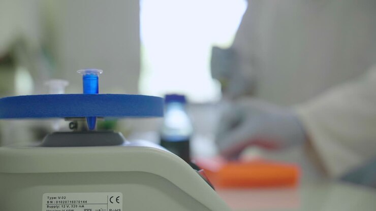 una fotografía de cerca de un tubo en una centrífuga. laboratorio francés