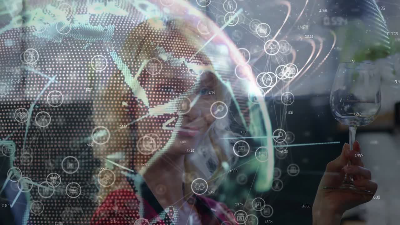 Woman raising and inspecting wine glass in lounge, right hand entering while tech globe animating