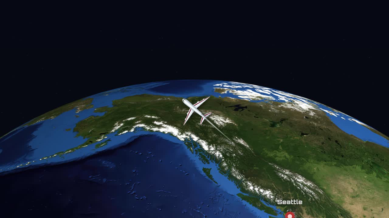 A commercial airplane flies across a realistic 3D globe from Seattle to Mumbai with labels