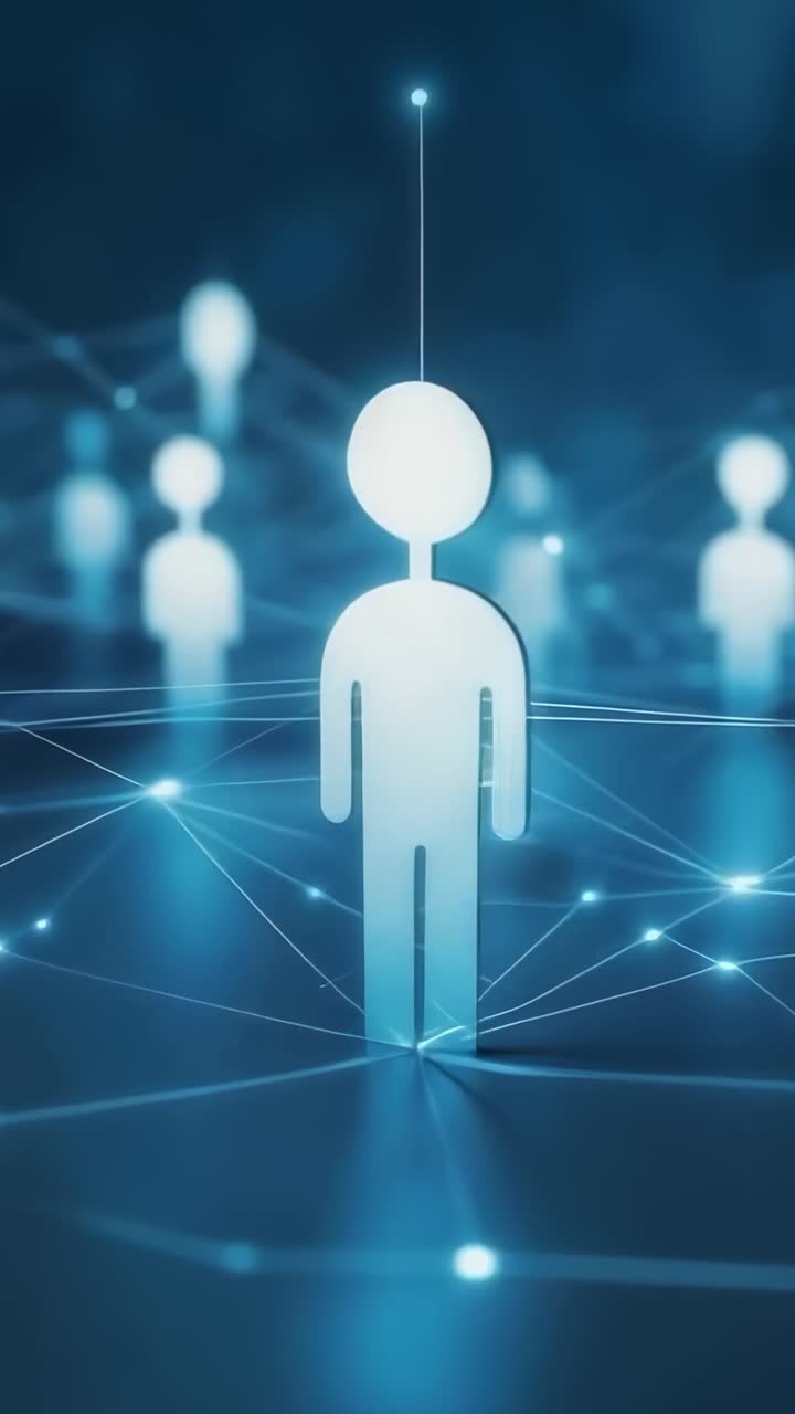 Vertical video: Opening network plane, humanoid icon rotating head scanning nodes and vertical beam