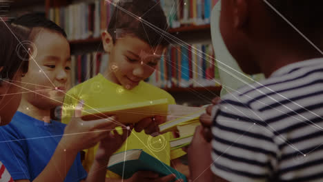 animation of network of connections over caucasian female teacher distributing books to students