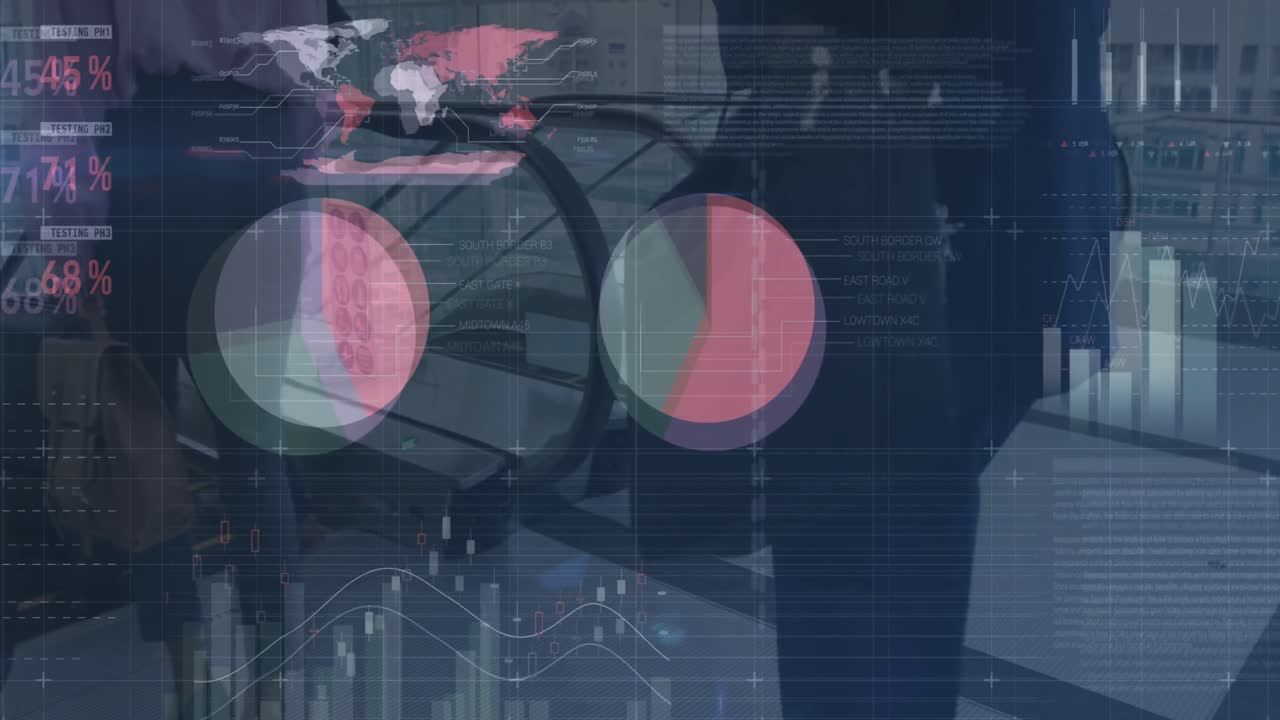 animación de gráficos y datos financieros sobre la sección baja en el hombre de negocios caminando a la escalera mecánica