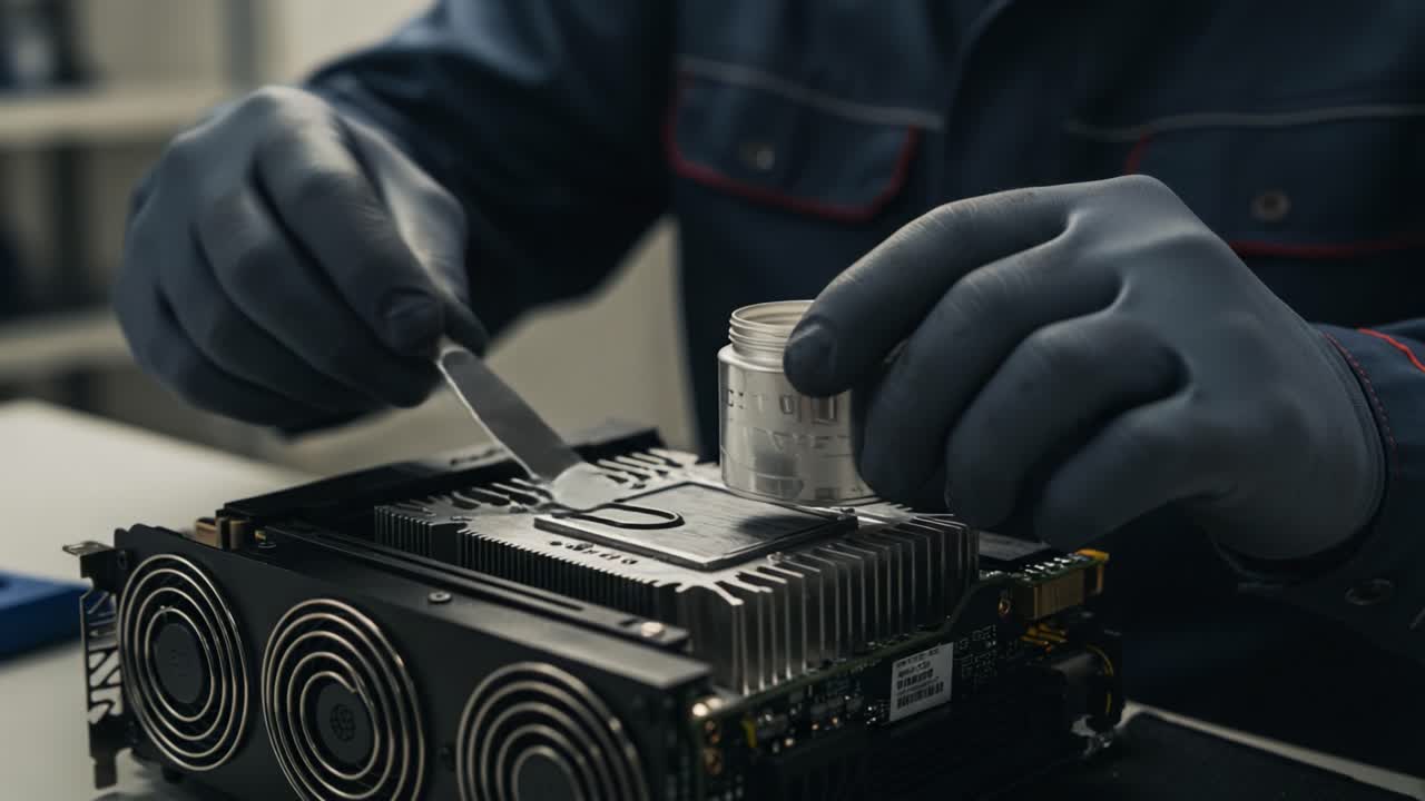Technician Applying Thermal Paste on High-Performance Graphics Card to Enhance Cooling Efficiency and Optimize Performance During Maintenance Process