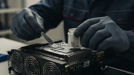 technician applying thermal paste on high-performance graphics card to enhance cooling efficiency and optimize performance during maintenance process
