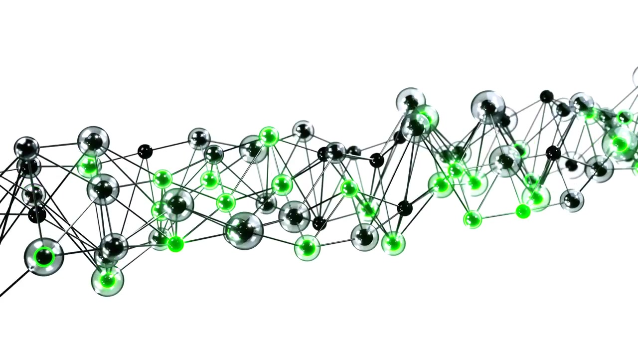 Abstract Scientific DNA Molecule Structure with Green and Silver Spheres