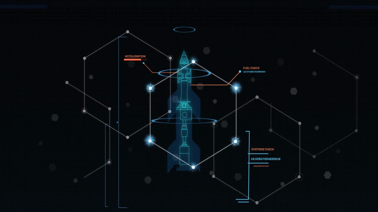 Animation of network of connections with rocket blueprint over data processing
