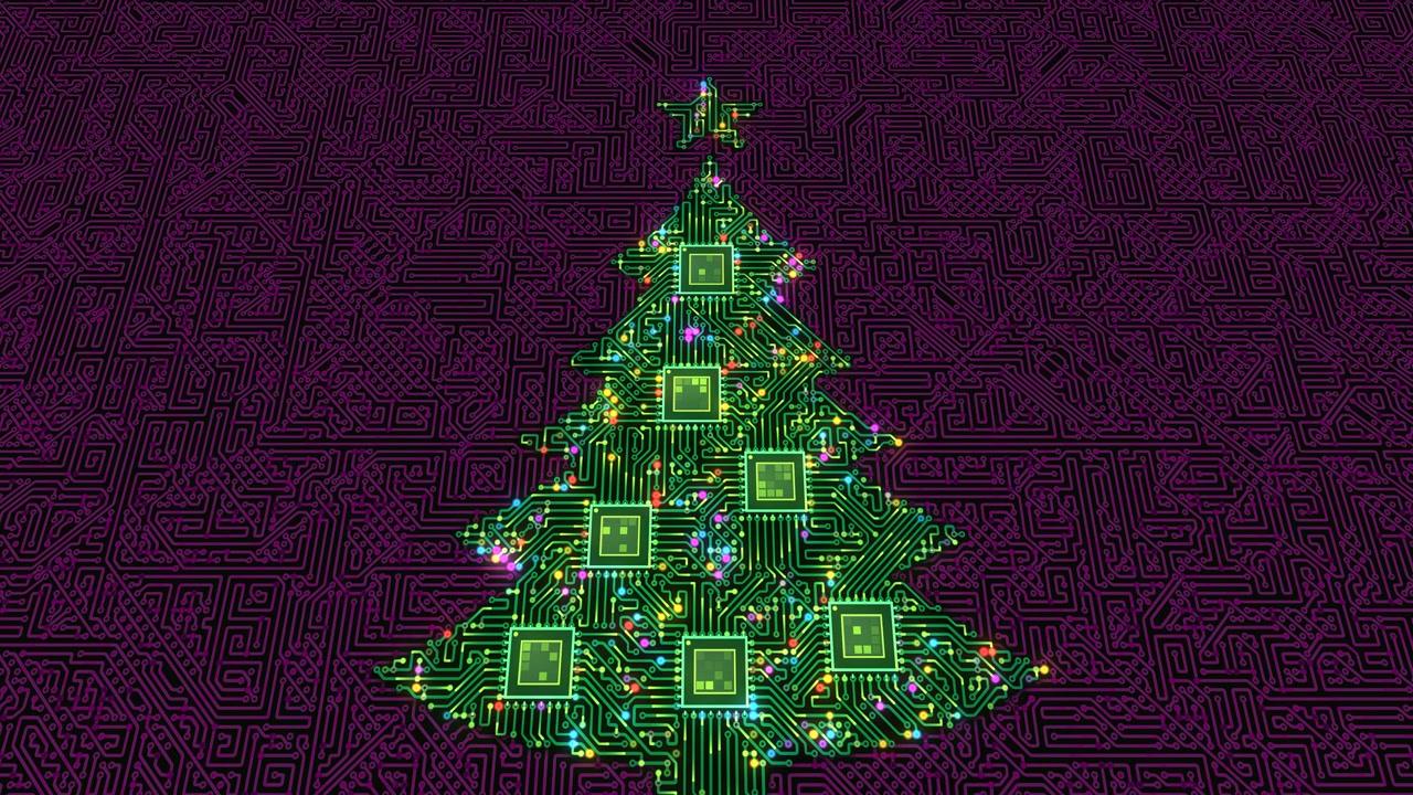 Loopable animation of festive Christmas tree composed of glowing green circuits and microchips celebrates technology during the winter holidays