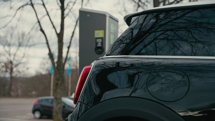 Black Electric Car Charging at a Public Station