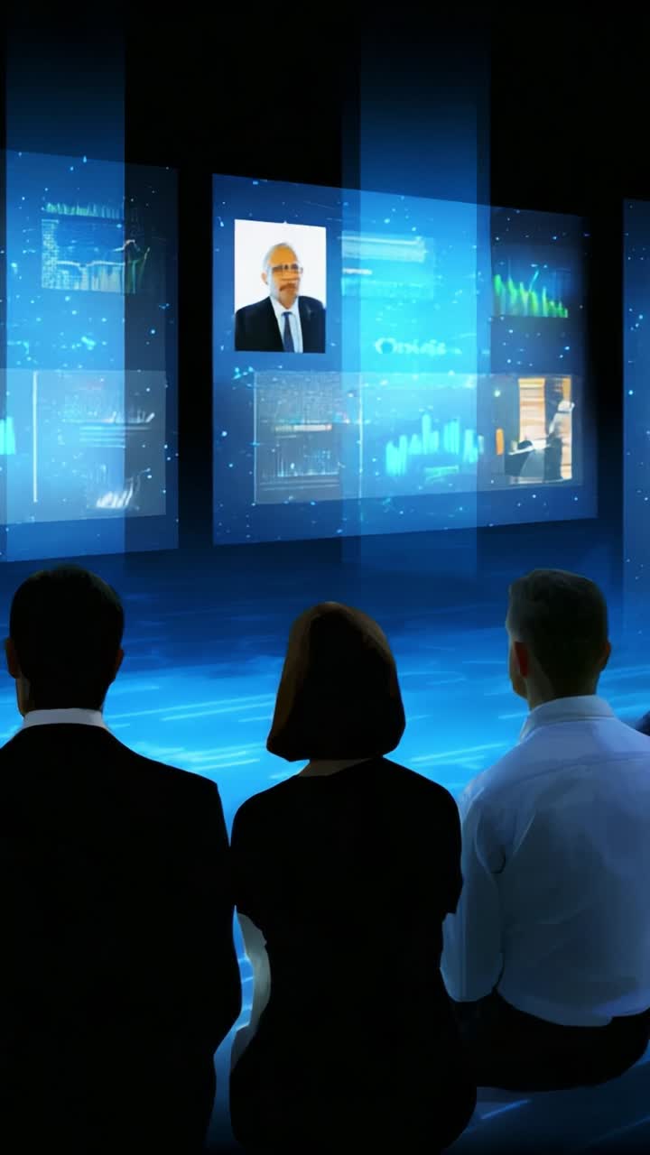 Three Individuals Engaged in Virtual Presentation Amidst Dynamic Graphical Data Visualization and Digital Interactions Displayed on Multiple Screens