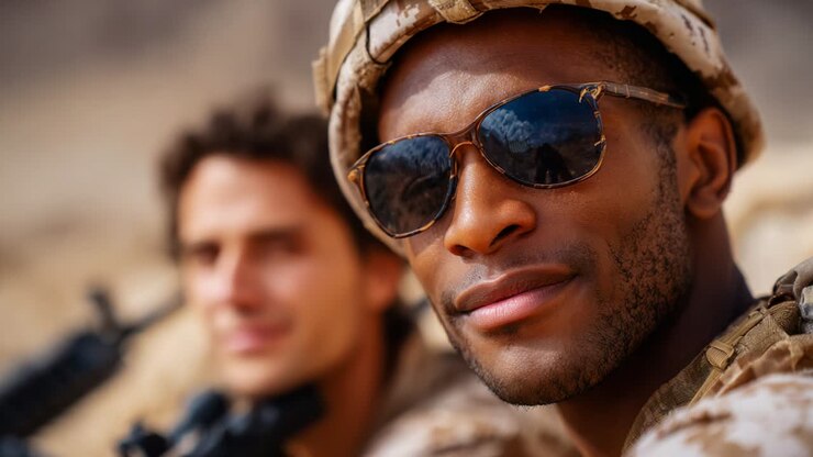 A close-up portrait of a confident soldier wearing sunglasses, showcasing strength and camaraderie in a military setting, with a blurred background emphasizing teamwork and determination in the field