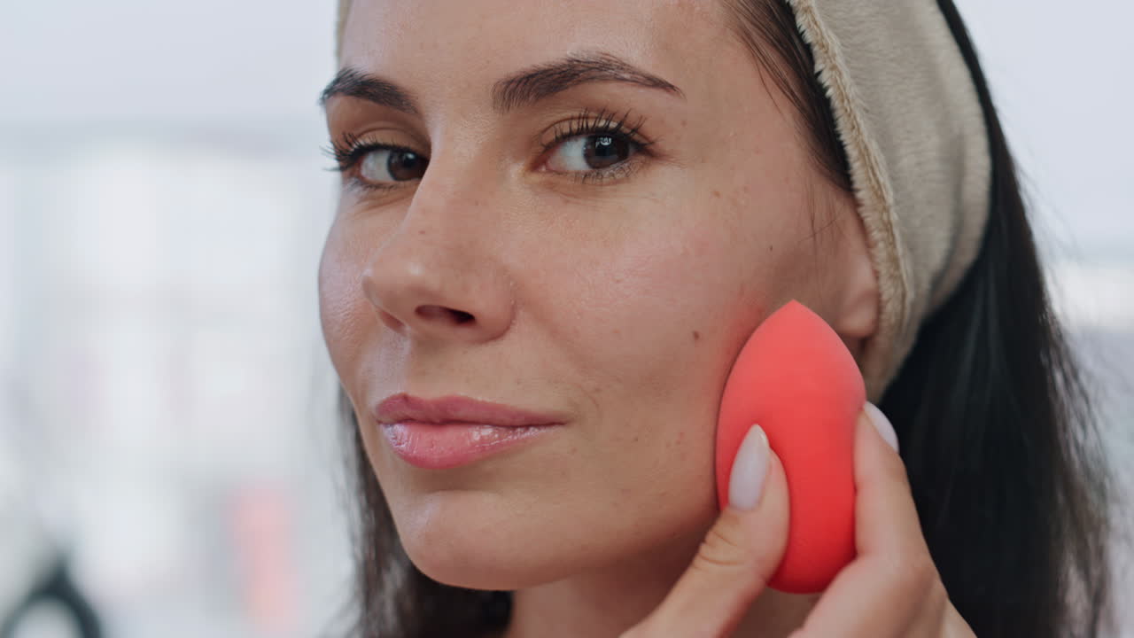 mujer de belleza usando una licuadora en forma de huevo en el interior pov vista. dama aplicando la fundación