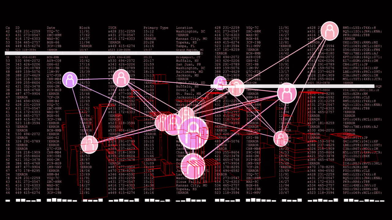 Animation of network of connections with icons over data processing on black background