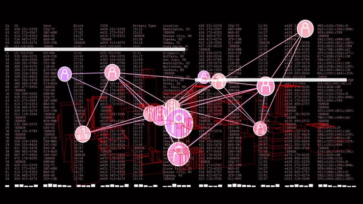 Animation of network of connections with icons over data processing on black background