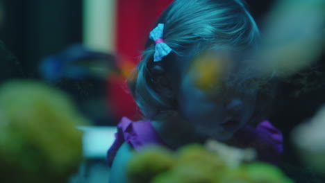 niña mirando peces en el acuario niño curioso viendo colorida vida marina nadando en el tanque aprendiendo sobre animales marinos en el ecosistema submarino niño curioso en el oceanario